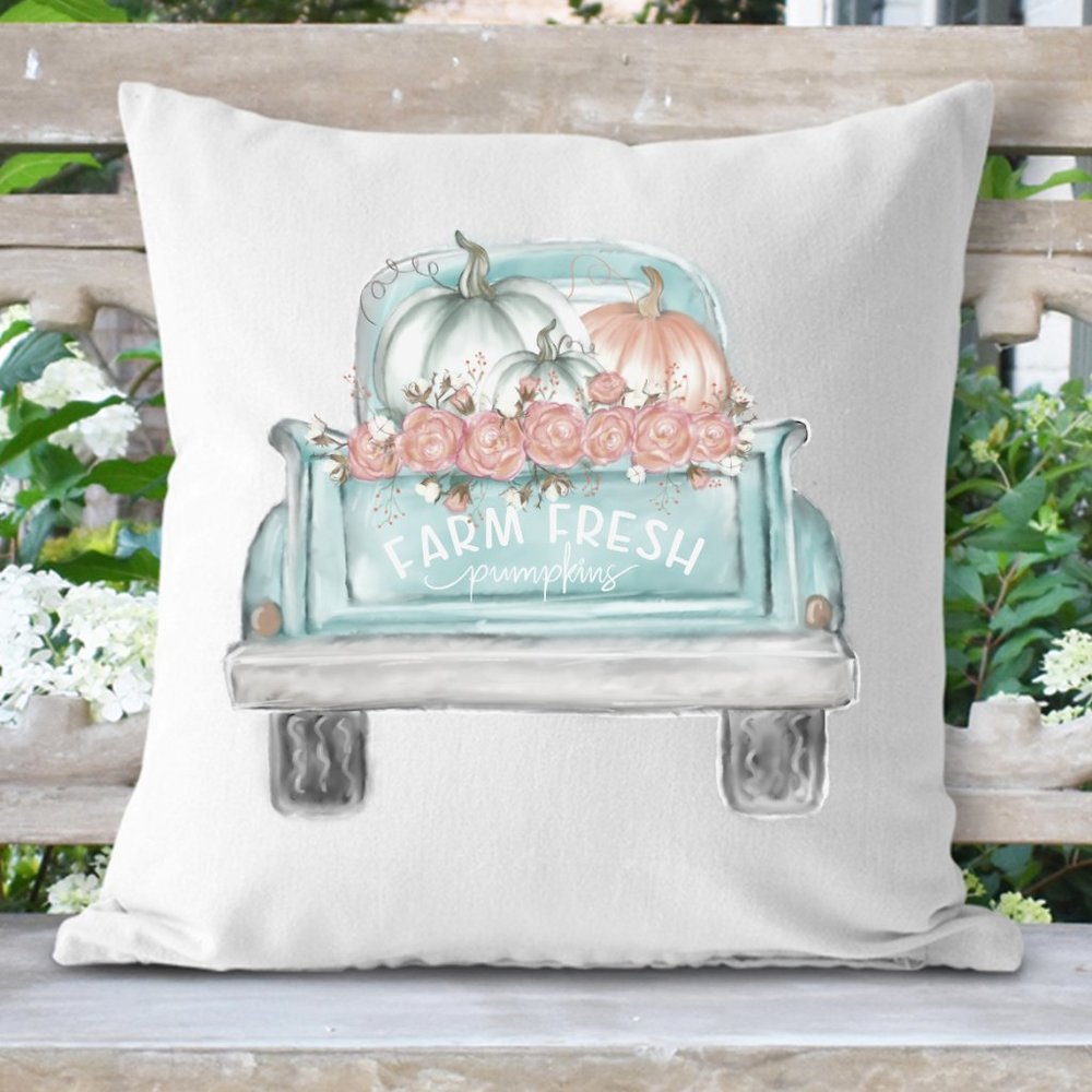 Fall Pillow Cover, Blue Pumpkin Truck, 16x16 inches, Autumn Home Decor